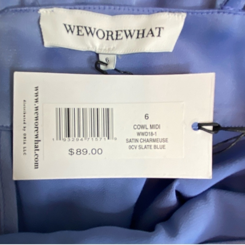 NWT WeWoreWhat Revolve  Slate blue satin charmeus cowl midi dress size 6 - Picture 5 of 11